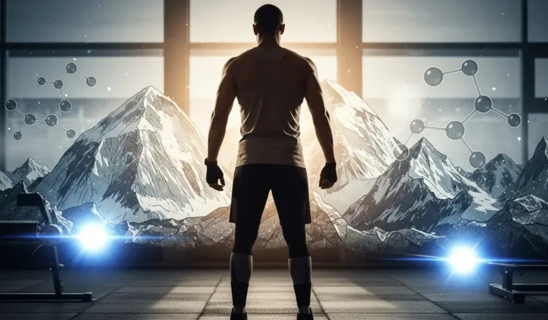 Athlete de dos silhouette stylisee montagnes Himalaya sport