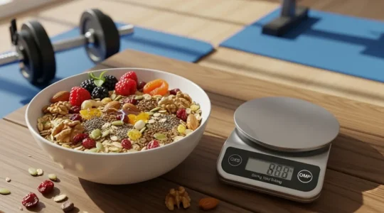 bol de muesli healthy avec balance et accessoires fitness