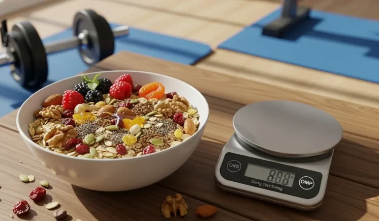 bol de muesli healthy avec balance et accessoires fitness