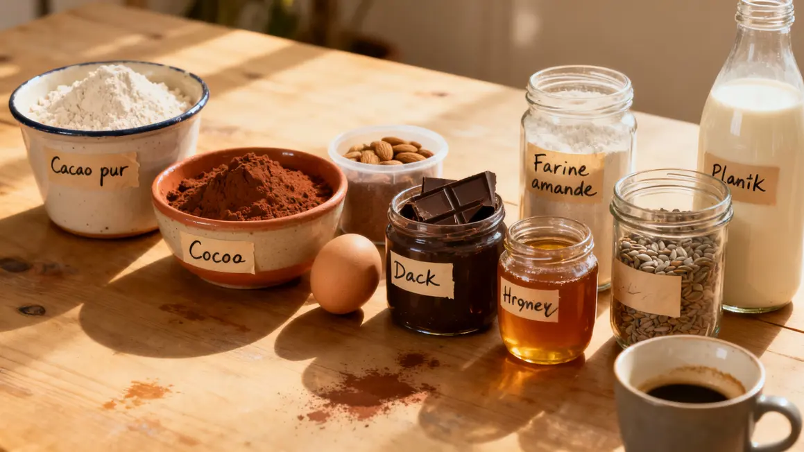 ingrédients mug cake chocolat healthy alignés