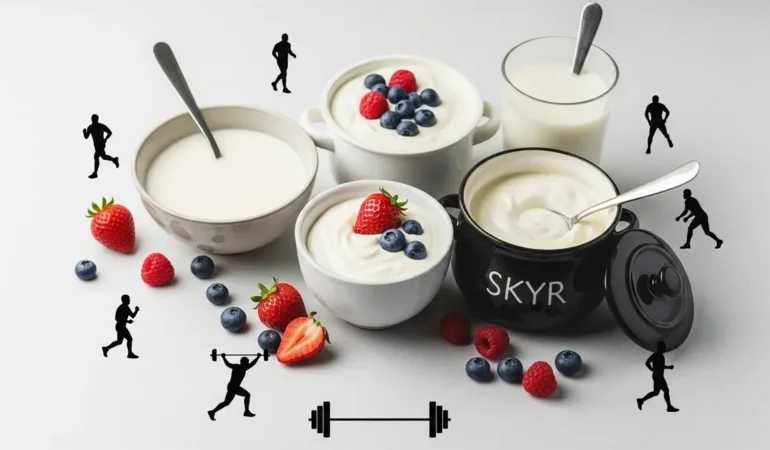 Lait fermenté, yaourt grec, skyr, kéfir et baies fitness healthy
