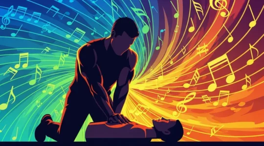 silhouette musclée effectuant massage cardiaque sur fond de notes de musique