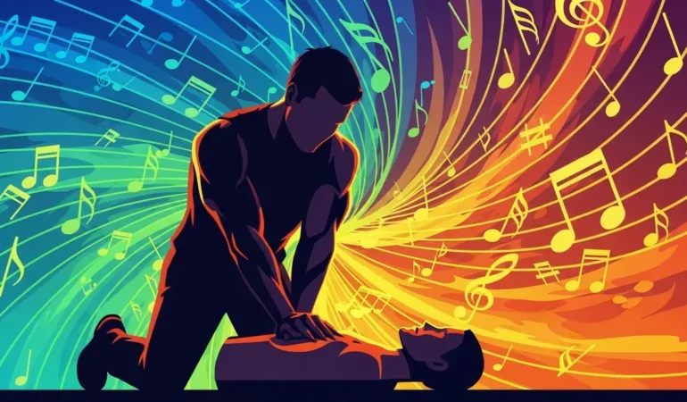 silhouette musclée effectuant massage cardiaque sur fond de notes de musique