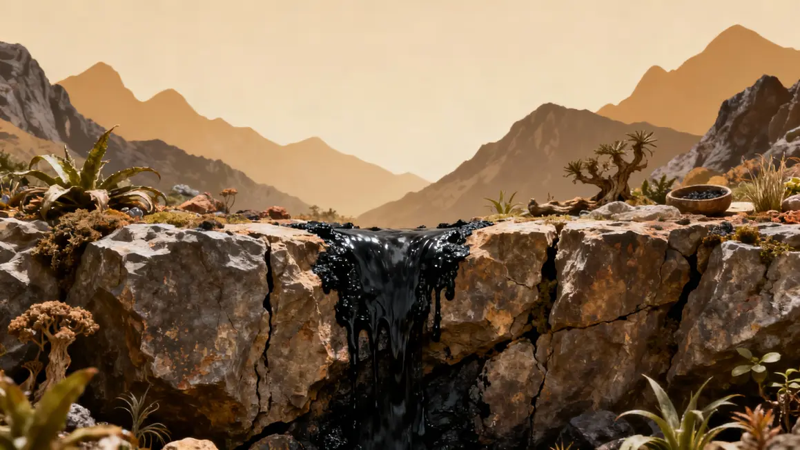 Shilajit sortant d'une roche en montagne