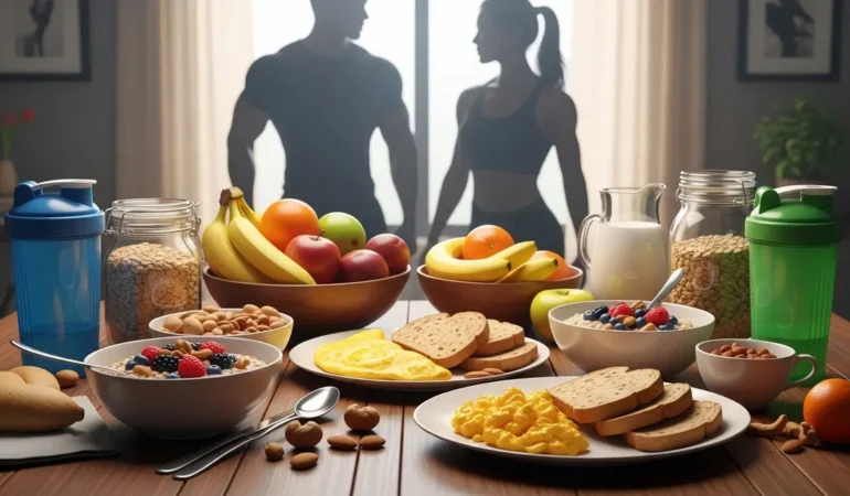 Petit-dejeuner musculation aliments proteines glucides lipides table matin