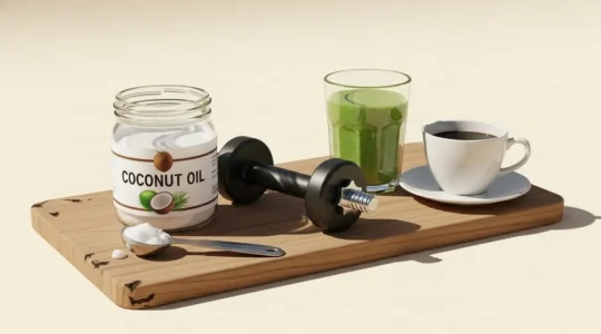 huile de coco, smoothie, haltère, café petit déjeuner musculation