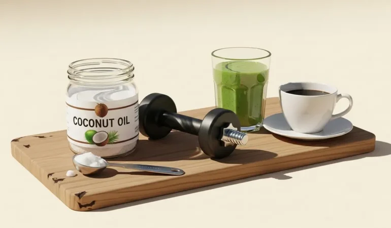 huile de coco, smoothie, haltère, café petit déjeuner musculation