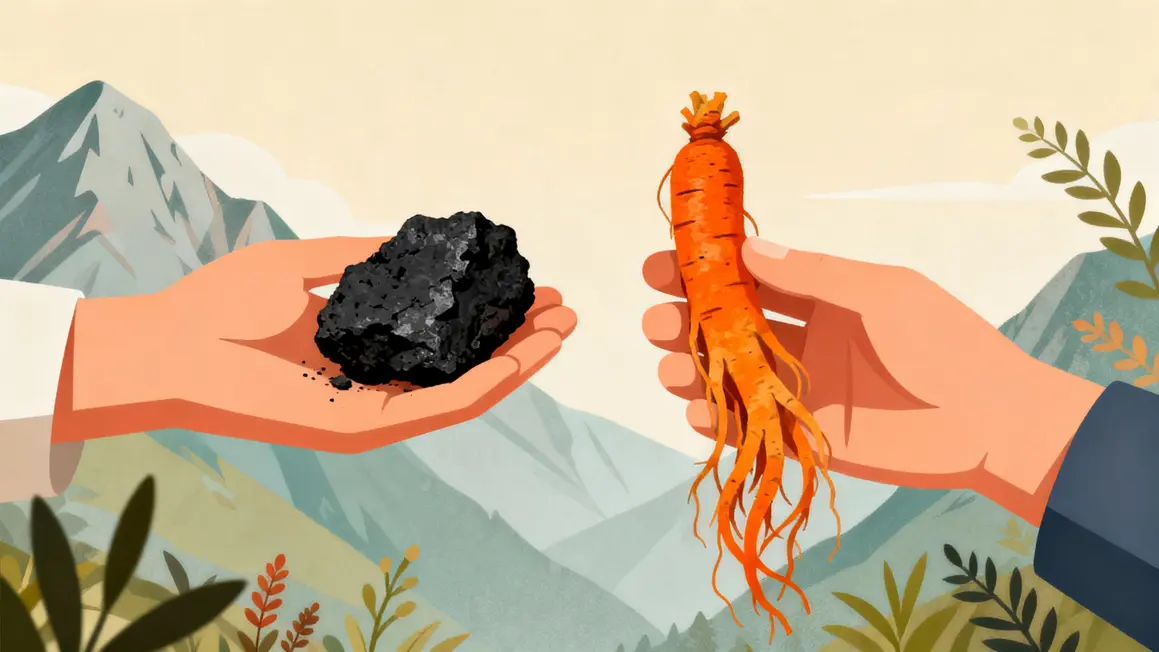 main avec shilajit et ginseng devant montagnes