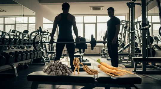shilajit et ginseng sur banc de musculation silhouettes