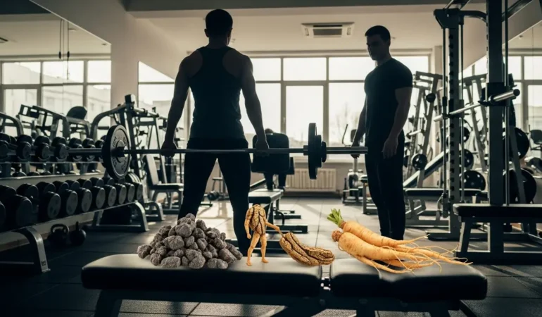 shilajit et ginseng sur banc de musculation silhouettes