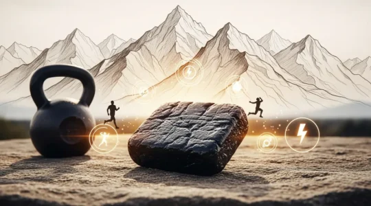 Bloc shilajit noir et montagnes, énergie musculation