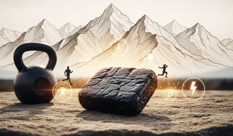 Bloc shilajit noir et montagnes, énergie musculation