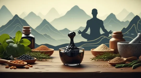 shilajit resine naturelle sur table avec montagnes et sportif