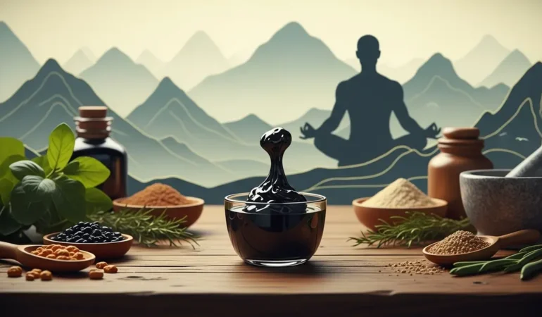 shilajit resine naturelle sur table avec montagnes et sportif