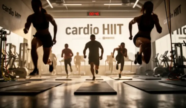 Groupe pratiquant cardio HIIT sur tapis en salle moderne