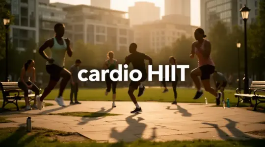 Personnes faisant cardio HIIT dans parc urbain, ambiance intense