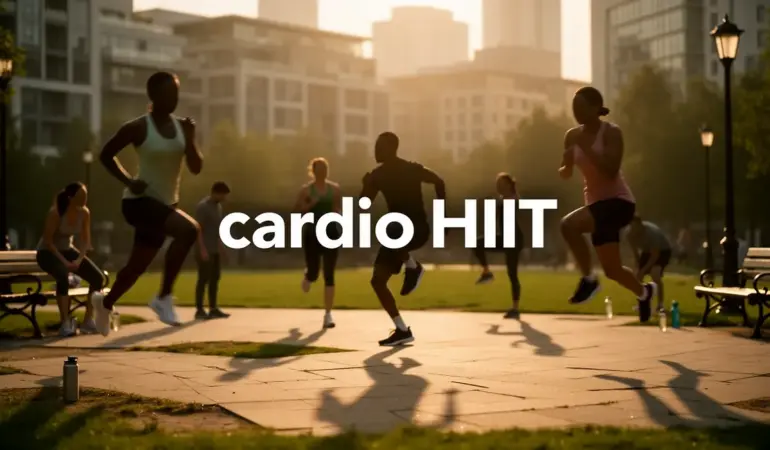 Personnes faisant cardio HIIT dans parc urbain, ambiance intense