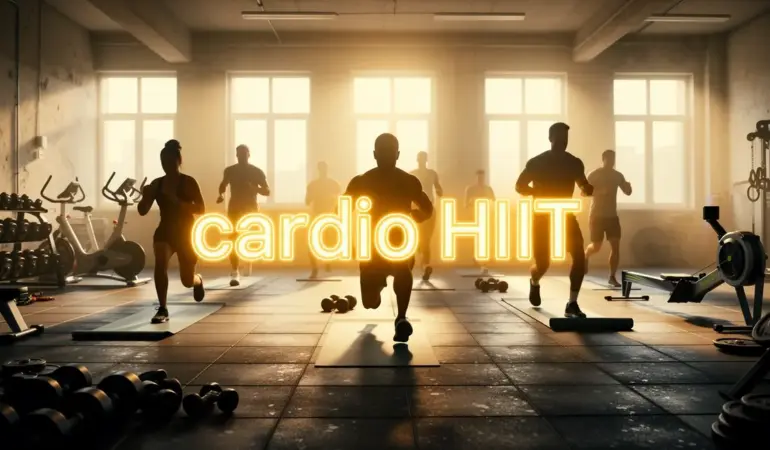 Salle de sport moderne avec HIIT, haltères, vélo, rameur