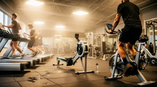 Salle cardio HIIT silhouettes tapis rameur velo