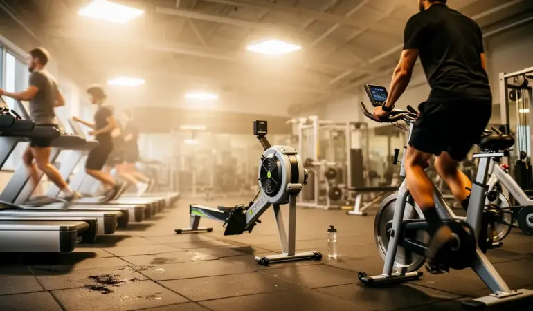 Salle cardio HIIT silhouettes tapis rameur velo