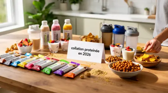 collation proteinee 2026 table barres boissons yaourts snacks vegetaux
