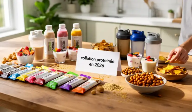 collation proteinee 2026 table barres boissons yaourts snacks vegetaux
