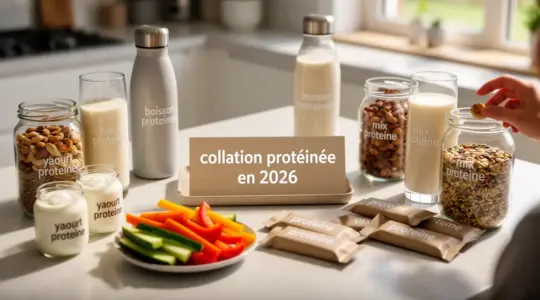 Collation protéinée 2026 sur table moderne, yaourt, barres, boissons