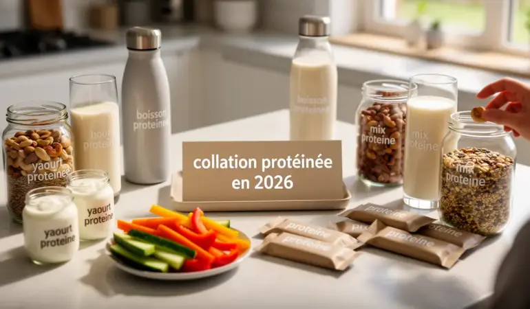 Collation protéinée 2026 sur table moderne, yaourt, barres, boissons