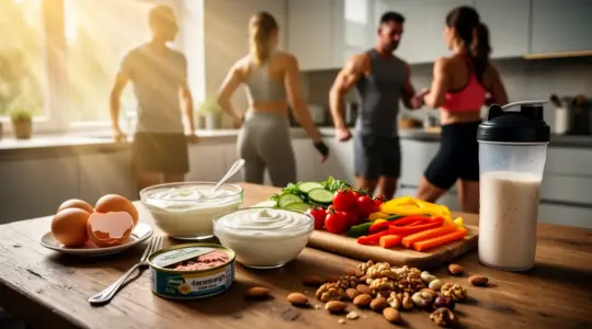 Divers aliments riches en protéines sur table, collation protéinée musculation