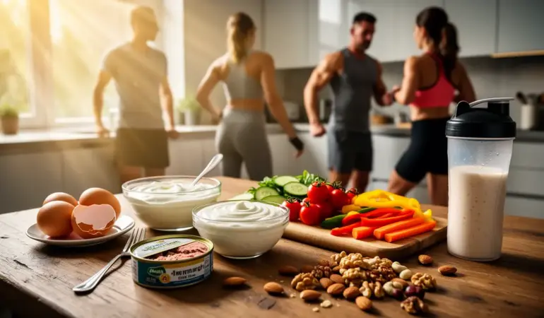 Divers aliments riches en protéines sur table, collation protéinée musculation