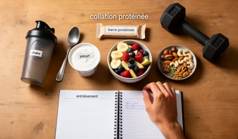 collation protéinée sur bureau sportif avec shaker yaourt fruits