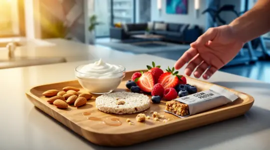 collation proteinee plateau moderne yaourt grec galette riz fruits amandes barre clean