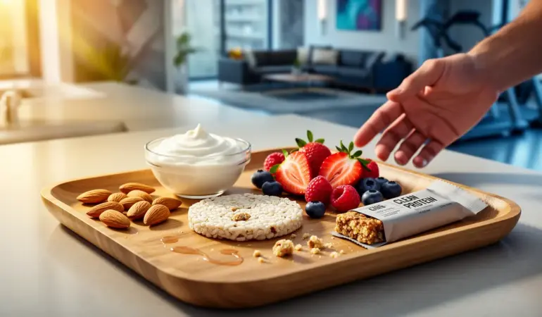 collation proteinee plateau moderne yaourt grec galette riz fruits amandes barre clean
