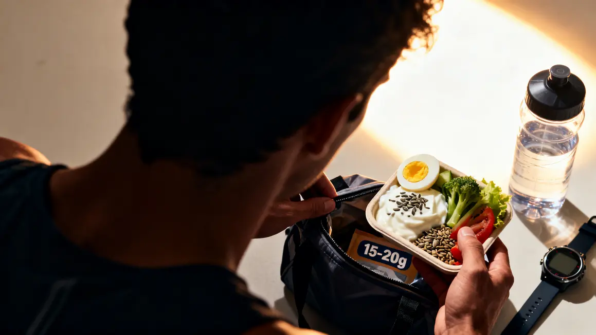 Sportif prenant snack proteines oeufs yaourt graines 15-20g
