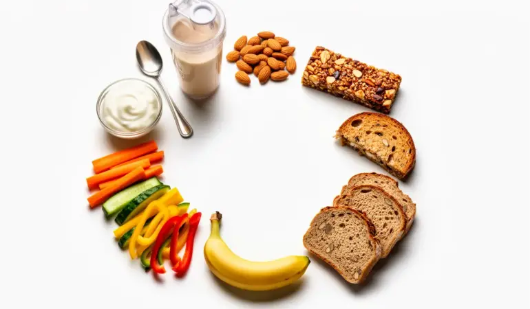 Collation protéinée photo réaliste avec snacks variés musculation