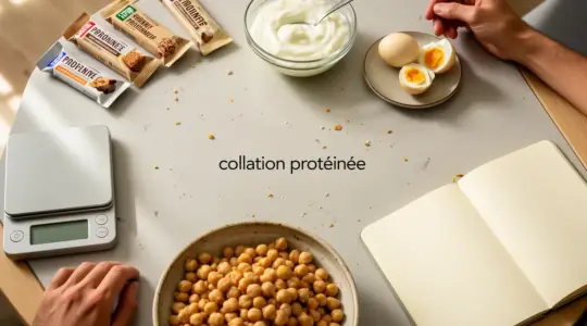 Table avec snacks proteines maison et industriels, balance, carnet, collation proteinee