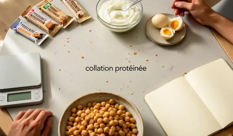 Table avec snacks proteines maison et industriels, balance, carnet, collation proteinee