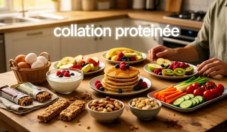 collation proteinee oeufs yaourt pancakes barres legumes noix
