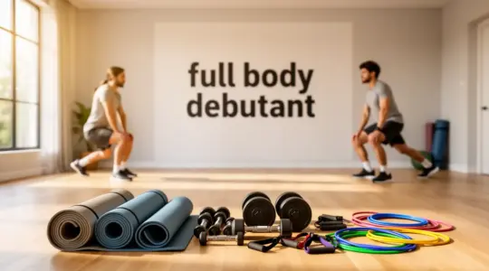 Salle moderne full body debutant tapis haltères élastiques