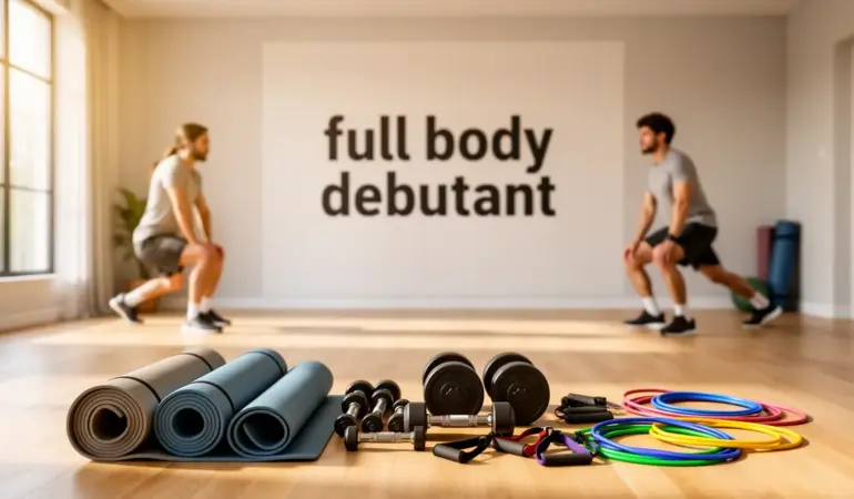 Salle moderne full body debutant tapis haltères élastiques