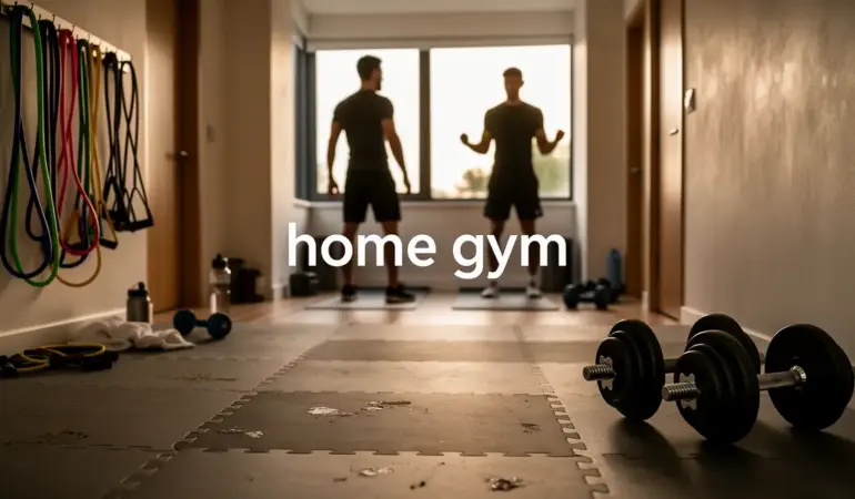 espace home gym compact budget avec haltères et tapis