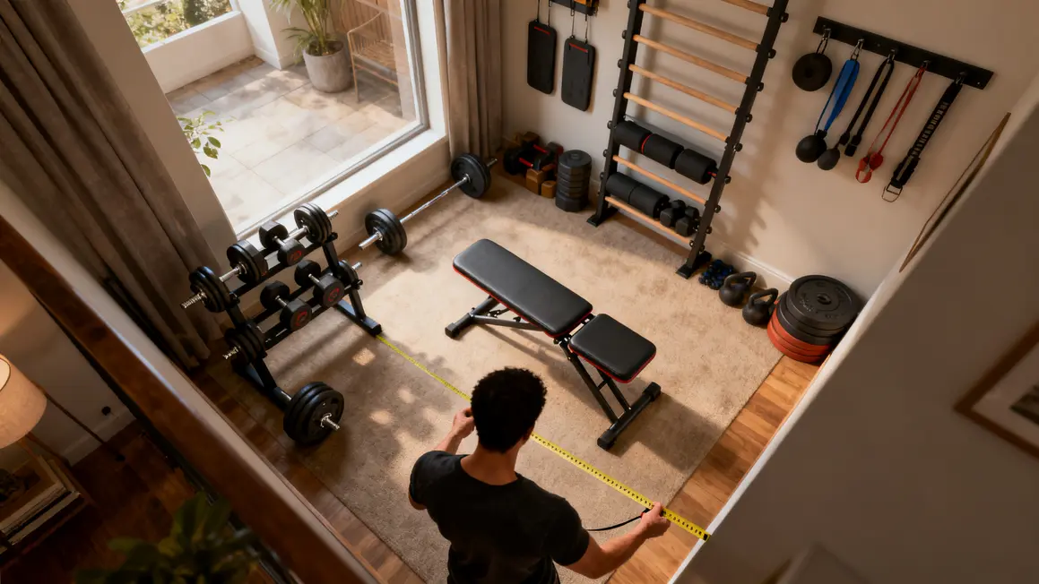 home gym haltères banc rangé espace optimisé
