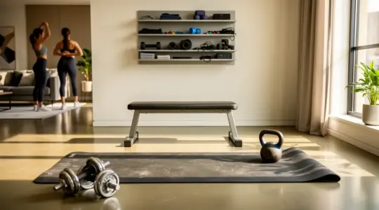 home gym lumineux avec rangement minimaliste et équipement fitness