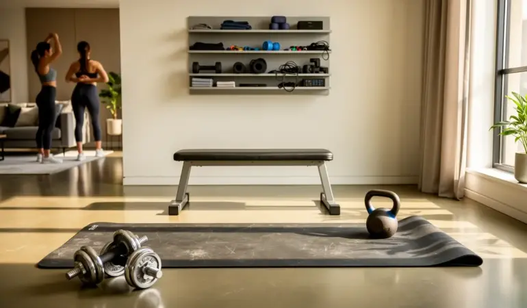 home gym lumineux avec rangement minimaliste et équipement fitness