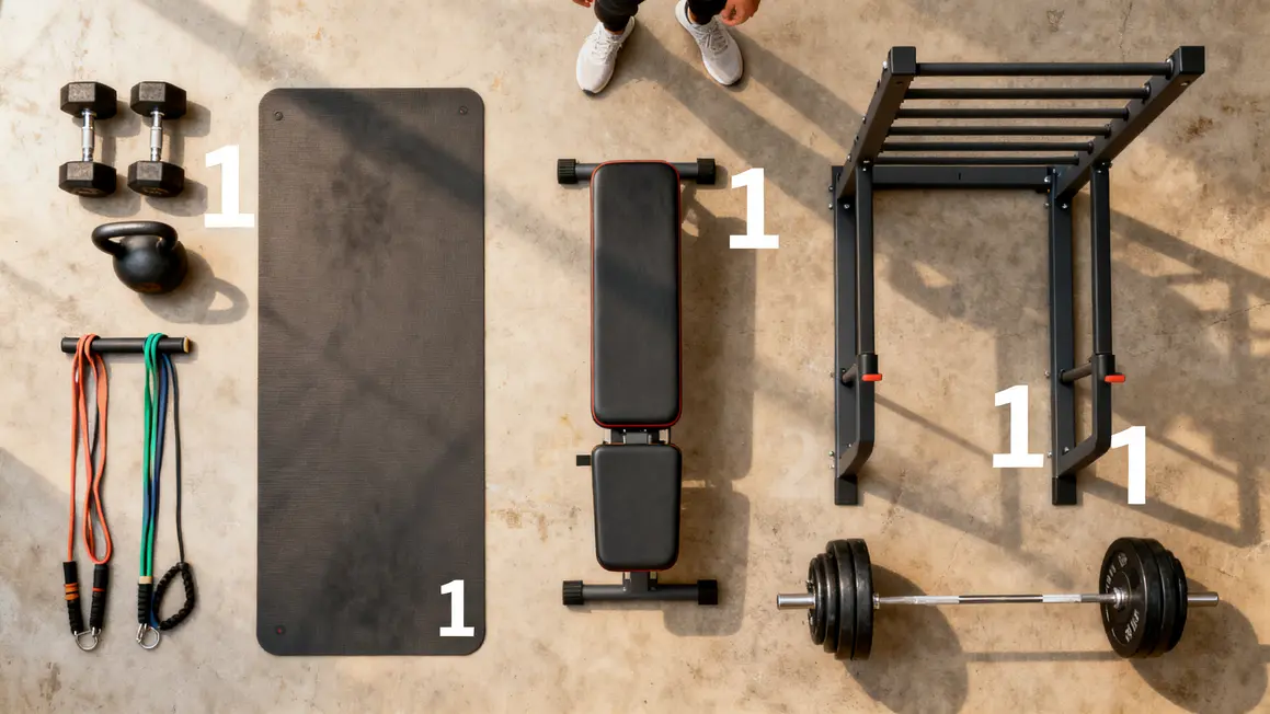 matériel essentiel home gym débutant aligné fond neutre
