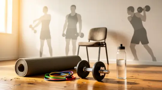 coin home gym minimaliste avec tapis haltères bandes elastiques chaise