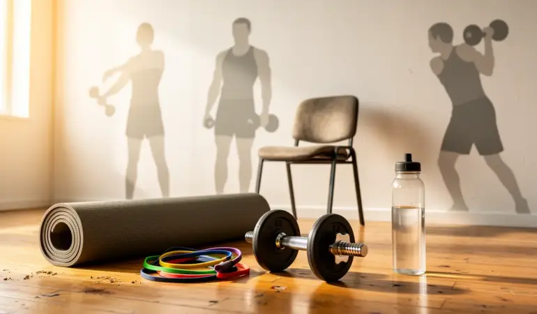 coin home gym minimaliste avec tapis haltères bandes elastiques chaise
