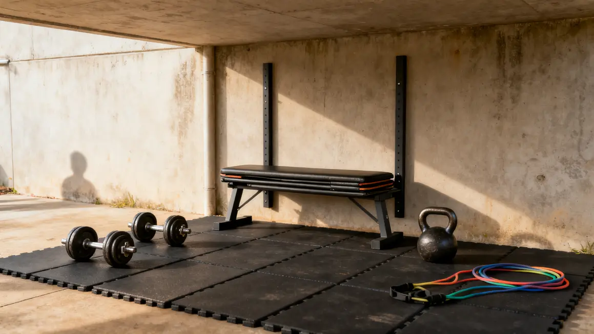 home gym matériel polyvalent rangement sol protégé