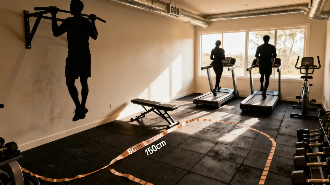 home gym compact sol caoutchouc, zones musculation et cardio bien définies
