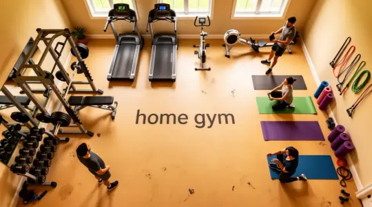 home gym lumineux zones musculation cardio mobilité vue du dessus